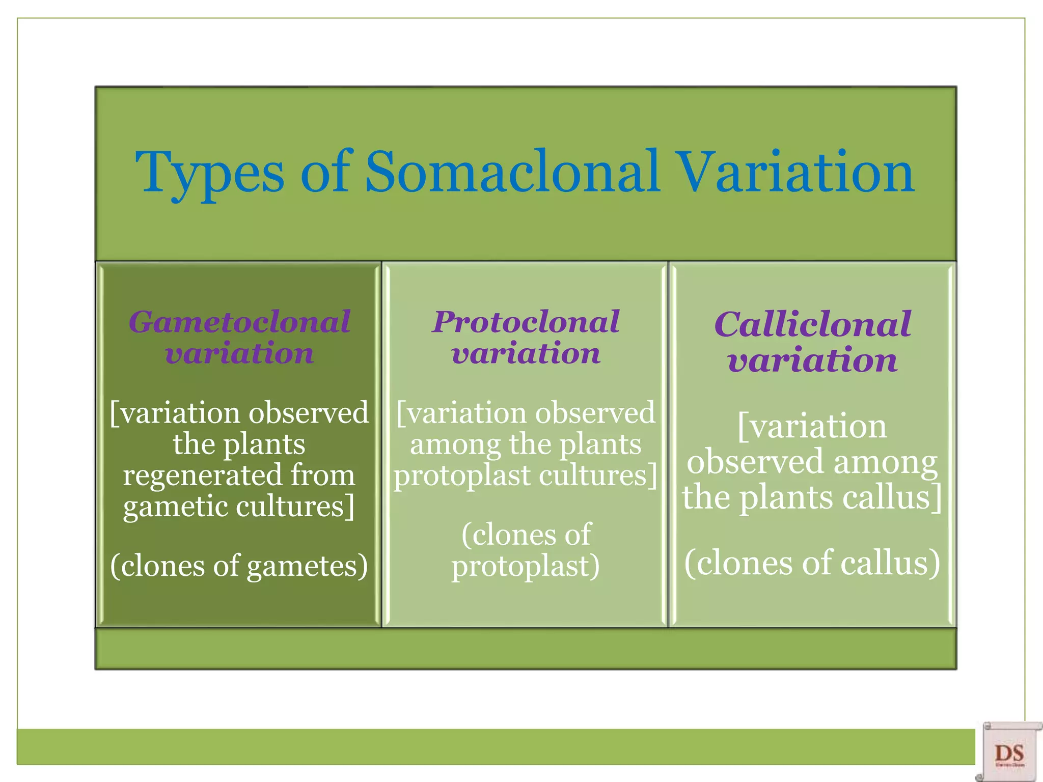 Types of Somaclonal Variation
Gametoclonal
variation
[variation observed
the plants
regenerated from
gametic cultures]
(clones of gametes)
Protoclonal
variation
[variation observed
among the plants
protoplast cultures]
(clones of
protoplast)
Calliclonal
variation
[variation
observed among
the plants callus]
(clones of callus)
 