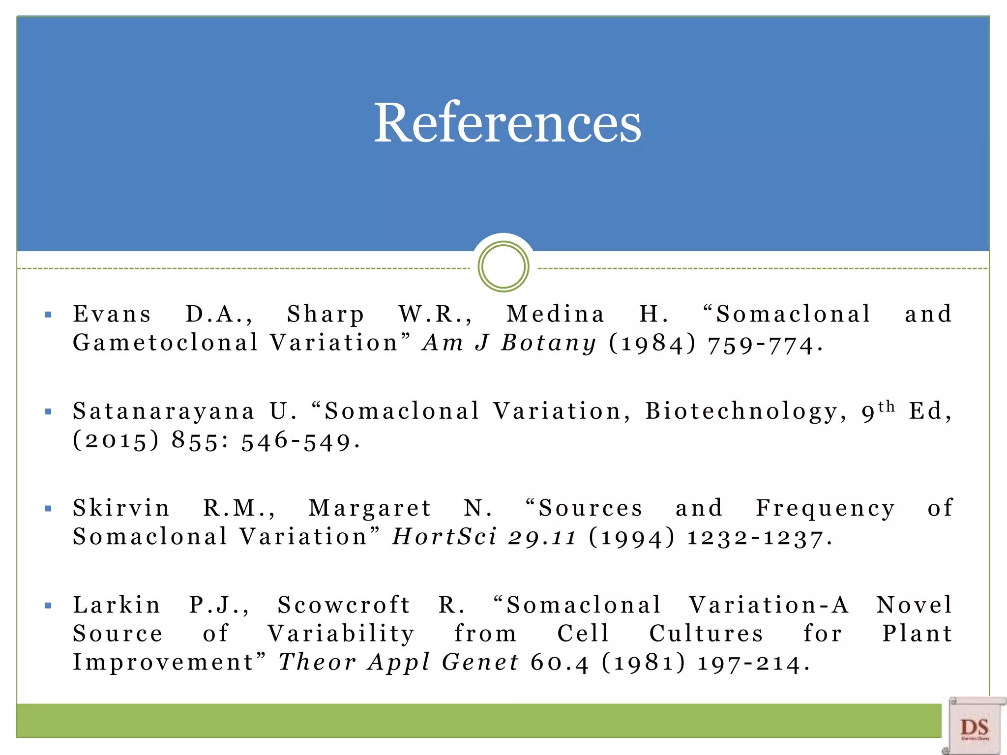  Evans D.A., Sharp W .R ., Medina H. “Somaclonal and
Gametoclonal Variation” Am J Botany (1984 ) 759-774.
 Satanarayana U. “Somaclonal Variation, Biotechnology, 9th Ed,
(2015 ) 855 : 546-549.
 Skirvin R .M ., Margaret N. “Sources and Frequency of
Somaclonal Variation” Hor tSci 29.11 (1994 ) 1232-1237 .
 Larkin P .J., Scowcroft R . “Somaclonal Variation -A Novel
Source o f Variability from Cell Cultures for Plant
Improvement” Theor Appl Genet 60.4 (1981 ) 197-214 .
References
 