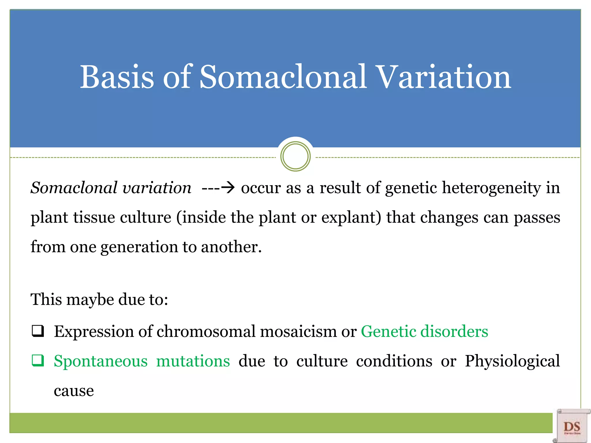 Basis of Somaclonal Variation
Somaclonal variation --- occur as a result of genetic heterogeneity in
plant tissue culture (inside the plant or explant) that changes can passes
from one generation to another.
This maybe due to:
 Expression of chromosomal mosaicism or Genetic disorders
 Spontaneous mutations due to culture conditions or Physiological
cause
 