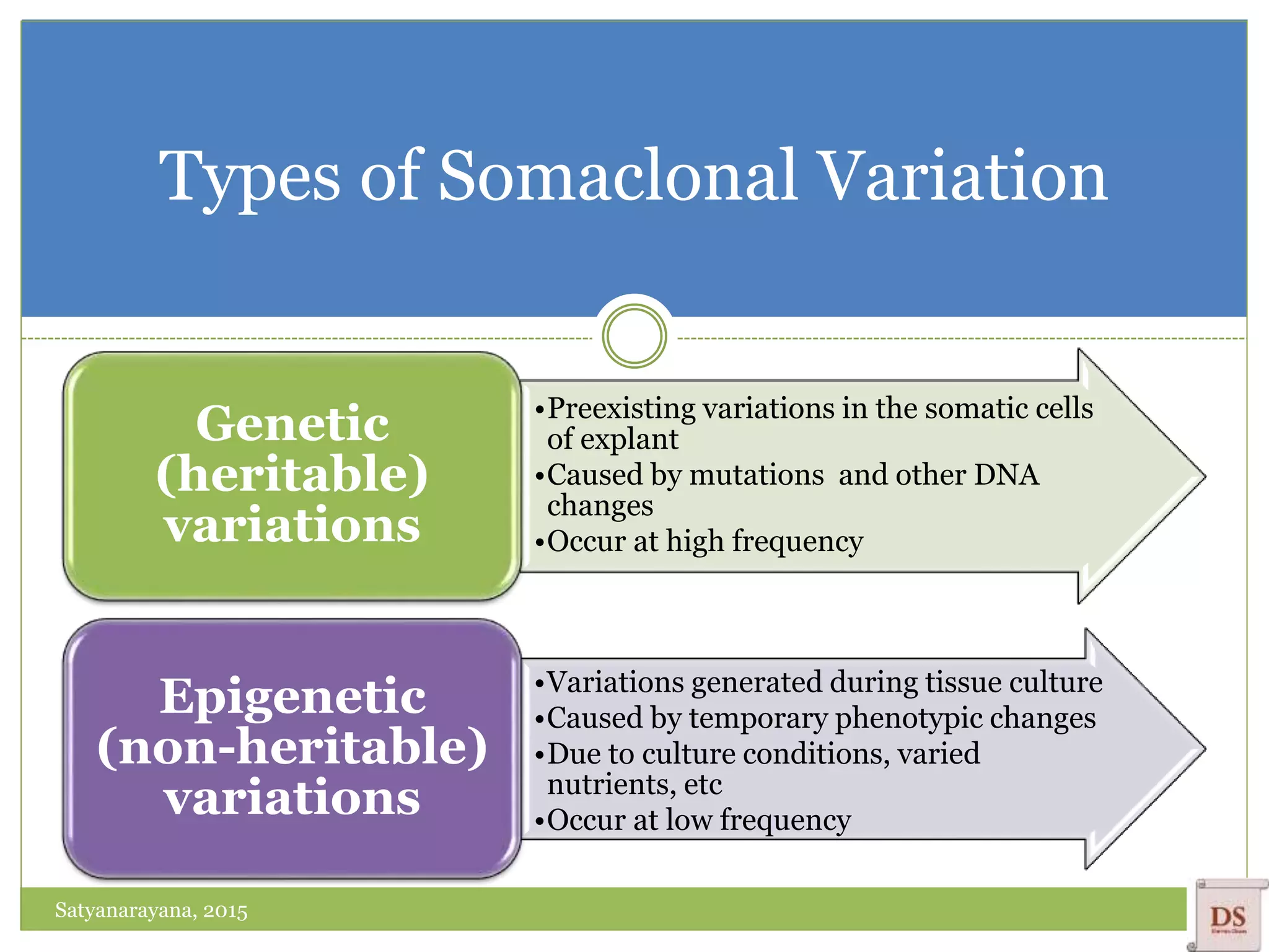 Types of Somaclonal Variation
•Preexisting variations in the somatic cells
of explant
•Caused by mutations and other DNA
changes
•Occur at high frequency
Genetic
(heritable)
variations
•Variations generated during tissue culture
•Caused by temporary phenotypic changes
•Due to culture conditions, varied
nutrients, etc
•Occur at low frequency
Epigenetic
(non-heritable)
variations
Satyanarayana, 2015
 