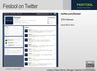 13.9.2014 Dr. Ute Hillmer 
Werkzeuge für höchste Ansprüche 
Festoolon Twitter 
twitter.com/festool 
978 FollowerStand 09.07.2012 
curtsey of Klaus Danner, Manager Customer Communications  