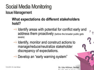 13.9.2014 Dr. Ute HillmerSocial Media MonitoringIssueManagement 
What expectations do different stakeholders hold? 
Identify areas with potential for conflict early and address them proactively (before the broader public gets aware) 
Identify, monitor and construct actions to manage/reduce/neutralize stakeholder discrepancy of expectations. 
Develop an “early warning system” 
19.12.201 
1 
Dr. Ute Hillmer, Better 
Reality Marketing 
 