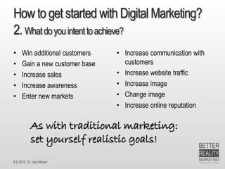 8.6.2015 Dr. Ute Hillmer
How to get started with Digital Marketing?
2. Whatdoyouintenttoachieve?
• Win additional customers
• Gain a new customer base
• Increase sales
• Increase awareness
• Enter new markets
• Increase communication with
customers
• Increase website traffic
• Increase image
• Change image
• Increase online reputation
As with traditional marketing:
set yourself realistic goals!
 