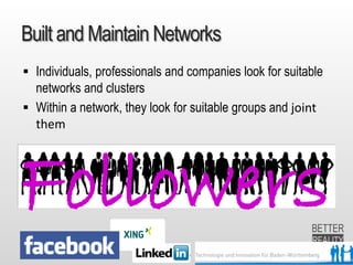 8.6.2015 Dr. Ute Hillmer
Built and Maintain Networks
Followers
 Individuals, professionals and companies look for suitable
networks and clusters
 Within a network, they look for suitable groups and joint
them
 