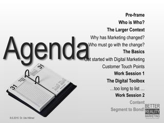 8.6.2015 Dr. Ute Hillmer
Agenda
Pre-frame
Who is Who?
The Larger Context
Why has Marketing changed?
Who must go with the change?
The Basics
Get started with Digital Marketing
Customer Touch Points
Work Session 1
The Digital Toolbox
…too long to list …
Work Session 2
Content
Segment to Bond!
 