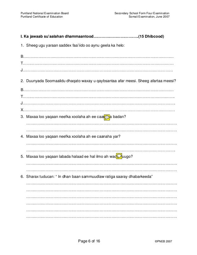 Somali 2007 PNEB (PUNTLAND NATIONAL EXAMINATION BOARD)