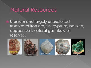    Uranium and largely unexploited
    reserves of iron ore, tin, gypsum, bauxite,
    copper, salt, natural gas, likely oil
    reserves.



    bauxite                                 uranium
              copper   gypsum   Iiron ore
 