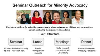 Seminar Outreach for Minority Advocacy
Provides a platform for scientific researchers to share a diverse set of ideas and ...