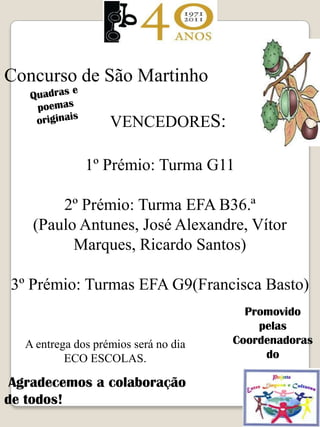 Concurso de São Martinho

                   VENCEDORES:

              1º Prémio: Turma G11

        2º Prémio: Turma EFA B36.ª
    (Paulo Antunes, José Alexandre, Vítor
          Marques, Ricardo Santos)

3º Prémio: Turmas EFA G9(Francisca Basto)
                                        Promovido
                                          pelas
  A entrega dos prémios será no dia   Coordenadoras
          ECO ESCOLAS.                     do

 Agradecemos a colaboração
de todos!
 