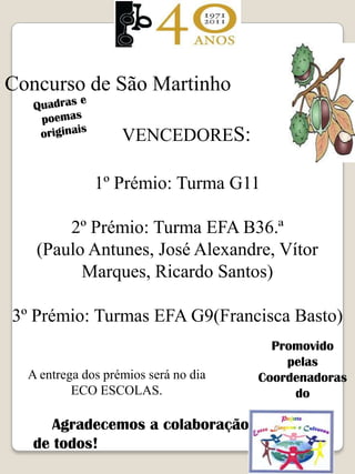 Concurso de São Martinho

                   VENCEDORES:

              1º Prémio: Turma G11

       2º Prémio: Turma EFA B36.ª
   (Paulo Antunes, José Alexandre, Vítor
         Marques, Ricardo Santos)

3º Prémio: Turmas EFA G9(Francisca Basto)
                                        Promovido
                                          pelas
  A entrega dos prémios será no dia   Coordenadoras
          ECO ESCOLAS.                     do

      Agradecemos a colaboração
   de todos!
 