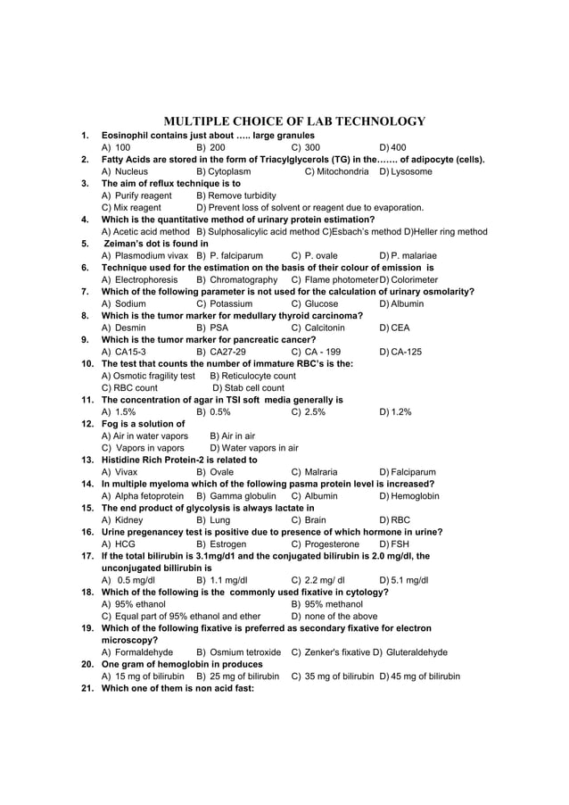 MCQ for Lab Technician