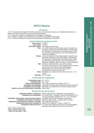 99
*RDC n° 50/02 (ANVISA, 2004).
**NBR 7256/2005 (ABNT, 2005).
***NBR 5413/1992 (ABNT, 1992).
3.4.2 - Proporcionar condições de internar pacientes com queimaduras graves, em ambientes individuais ou
coletivos, conforme faixa etária, sexo e grau de queimadura.
3.4.4 - Executar e registrar a assistência de enfermagem ininterrupta.
3.4.9 - Manter condições de monitoramento e assistência respiratória ininterruptas.
3.4.10 - Prestar assistência nutricional de alimentação e hidratação aos pacientes.*
Área mínima:
Área média:
Pé direito mínimo:
Piso:
Parede:
Teto:
Porta:
Bancada:
Temperatura ideal:
Umidade ideal:
Nível de iluminamento:
Condições de ventilação:
Condições de iluminação:
Quanto ao risco de transmissão e infecção:
Instalações elétrica e eletrônica:
Instalações de climatização:
Instalações de proteção contra descarga elétrica:
Instalações hidráulicas e sanitárias:
Instalações de prevenção e combate a incêndio:
Instalações elétricas de emergência:
Instalações fluido-mecânicas:
CARACTERÍSTICAS DO ESPAÇO FÍSICO
12,00m².*
13,00m².
Ver código de obras local.
Liso (sem frestas), de fácil higienização e resistente aos
processos de limpeza, descontaminação e desinfecção.
Os materiais de revestimento não podem possuir índice
de absorção de água superior a 4% individualmente ou
depois de instalados.*
Lisa (sem frestas), de fácil higienização e resistente aos
processos de limpeza, descontaminação e desinfecção.
Os materiais de revestimento não podem possuir índice
de absorção de água superior a 4% individualmente ou
depois de instalados. Não é permitido o uso de divisórias.*
Contínuo, sendo proibido o uso de forros falsos
removíveis, devendo ser de fácil higienização e resistente
aos processos de limpeza, descontaminação e
desinfecção (aqui não pode ser feito nenhum
procedimento invasivo ou parecido).*
Revestida com material lavável. Vão mínimo de 1,10 x
2,10m.*
Não se aplica.
26 – 30°C.**
60 – 70%.**
100 a 200 lux-geral/150 a 300 lux-cama.***
Necessita de climatização artificial e exaustão mecânica.*
Necessita de incidência de luz de fonte natural direta.*
Área crítica.*
Elétrica diferenciada, a depender do equipamento.*
Ar-condicionado – filtragem mínima de insuflamento G3 +
F7 (para pacientes expostos G3 + F7 + A1). Exaustão.*
Instalação padrão (sem requisitos específicos).
Água fria, água quente – lavatório para as mãos.*
Ver código de obras local.
Elétrica de emergência – grupo 2, classe 15.*
Ar comprimido medicinal (dois para cada leito)/oxigênio
(dois para cada leito)/vácuo clínico (um por leito). *
ATIVIDADES
CONDICIONANTES AMBIENTAIS
INFRAESTRUTURA NECESSÁRIA
INT33 Quarto
UnidadeFuncional3
Internação
Internaçãoparatratamentointensivodequeimados–UTQ
 