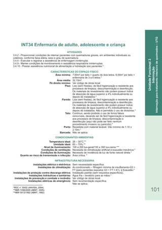 101
INT34 Enfermaria de adulto, adolescente e criança
UnidadeFuncional3
Internação
Internaçãoparatratamentointensivodequeimados–UTQ
*RDC n° 50/02 (ANVISA, 2004).
**NBR 7256/2005 (ABNT, 2005).
**NBR 5413/1992 (ABNT, 1992).
3.4.2 - Proporcionar condições de internar pacientes com queimaduras graves, em ambientes individuais ou
coletivos, conforme faixa etária, sexo e grau de queimadura.
3.4.4 - Executar e registrar a assistência de enfermagem ininterrupta.
3.4.9 - Manter condições de monitoramento e assistência respiratória ininterruptas.
3.4.10 - Prestar assistência nutricional de alimentação e hidratação aos pacientes.*
Área mínima:
Área média:
Pé direito mínimo:
Piso:
Parede:
Teto:
Porta:
Bancada:
Temperatura ideal:
Umidade ideal:
Nível de iluminamento:
Condições de ventilação:
Condições de iluminação:
Quanto ao risco de transmissão e infecção:
Instalações elétrica e eletrônica:
Instalações de climatização:
Instalações de proteção contra descarga elétrica:
Instalações hidráulicas e sanitárias:
Instalações de prevenção e combate a incêndio:
Instalações elétricas de emergência:
CARACTERÍSTICAS DO ESPAÇO FÍSICO
7,00m² por leito = quarto de dois leitos. 6,00m² por leito =
enfermaria de 3 a 6 leitos.*
32,15m².
Ver código de obras local.
Liso (sem frestas), de fácil higienização e resistente aos
processos de limpeza, descontaminação e desinfecção.
Os materiais de revestimento não podem possuir índice
de absorção de água superior a 4% individualmente ou
depois de instalados.*
Lisa (sem frestas), de fácil higienização e resistente aos
processos de limpeza, descontaminação e desinfecção.
Os materiais de revestimento não podem possuir índice
de absorção de água superior a 4% individualmente ou
depois de instalados. Não é permitido o uso de divisórias.*
Contínuo, sendo proibido o uso de forros falsos
removíveis, devendo ser de fácil higienização e resistente
aos processos de limpeza, descontaminação e
desinfecção (aqui não pode ser feito nenhum
procedimento invasivo ou parecido).*
Revestida com material lavável. Vão mínimo de 1,10 x
2,10m.*
Não se aplica.
26 – 30°C.**
60 – 70%.**
100 a 200 lux-geral/150 a 300 lux-cama.***
Necessita de climatização artificial e exaustão mecânica.*
Necessita de incidência de luz de fonte natural direta.*
Área crítica. *
Sem necessidade específica.
Ar-condicionado – filtragem mínima de insuflamento-G3 +
F7 (para pacientes expostos G3 + F7 + A1). Exaustão.*§
Instalação padrão (sem requisitos específicos).
Água fria – lavatório para as mãos.*
Ver código de obras local.
Sem recomendação específica.
Não se aplica.
ATIVIDADES
CONDICIONANTES AMBIENTAIS
INFRAESTRUTURA NECESSÁRIA
 