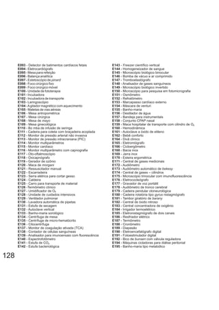 E093 - Detector de batimentos cardíacos fetais
E094 - Eletrocardiógrafo
E095 - Mesa para refeição
E096 - Balança analítica
E097 - Estetoscópio de pinard
E098 - Foco cirúrgico fixo
E099 - Foco cirúrgico móvel
E100 - Unidade de fototerapia
E101 - Incubadora
E102 - Incubadora de transporte
E103 - Laringoscópio
E104 -Agitador magnético com aquecimento
E105 - Maletas de vias aéreas
E106 - Mesa antropométrica
E107 - Mesa cirúrgica
E108 - Mesa de mayo
E109 - Mesa ginecológica
E110 - Bo mba de infusão de seringa
E111 - Cadeira para coleta com braçadeira acoplada
E112 - Monitor de pressão arterial não invasiva
E113 - Monitor de pressão intracraniana (PIC)
E114 - Monitor multiparâmetros
E115 - Monitor cardíaco
E116 - Monitor multiparâmetro com capnografia
E117 - Oto-oftalmoscópio
E118 - Oxicapnógrafo
E119 - Gerador de ozônio
E120 - Maca de morgani
E121 - Ressuscitador manual
E122 - Escarradeira
E123 - Serra elétrica para cortar gesso
E124 - Caldeira
E125 - Carro para transporte de material
E126 -Termômetro clínico
E127 - Umidificador de O
E128 - Unidade de cuidados intensivos
E129 - Ventilador pulmonar
E130 - Lavadora automática de pipetas
E131 - Estufa de secagem
E132 - Autoclave vertical
E133 - Banho-maria sorológico
E134 - Centrífuga de mesa
E135 - Centrífuga de micro-hematócrito
E136 - Citocentrífuga
E137 - Monitor de coagulação ativada (TCA)
E138 - Contador de células sanguíneas
E139 - Analisador para imunoensaio com fluorescência
E140 - Espectrofotômetro
E141 - Estufa de CO
E142 - Estufa bacteriológica
E143 - científico verticalFreezer
E144 - Homogeneizador de sangue
E145 - Microscópio biológico binocular
E146 - Bomba de vácuo e ar comprimido
E147 - Tromboelastógrafo
E148 - Analisador de gases sanguíneos
E149 - Microscópio biológico invertido
E150 - Microscópio para pesquisa em fotomicrografia
E151 - Osmômetro
E152 - Refratômetro
E153 - Marcapasso cardíaco externo
E154 - Máscara de venturi
E155 - Banho-maria
E156 - Destilador de água
E157 - Bandeja para instrumentais
E158 - Conjunto CPAP nasal
E159 - Maca hospitalar de transporte com cilindro de O
E160 - Hemodinâmica
E161 - Autoclave a óxido de etileno
E162 - Bebê conforto
E164 - Divã clínico
E165 - Eletromiógrafo
E166 - Cicloergômetro
E168 - Bacia inox
E169 - Jarra inox
E170 - Esteira ergométrica
E171 - Central de gases medicinais
E172 - Audiômetro
E173 - Audiômetro automático de bekesy
E174 - Central de gases – cilindros
E175 - Microscópio trinocular com imunofluorescência
E176 - Eletrococleógrafo
E177 - Gravador de voz portátil
E178 - Audiômetro de tronco cerebral
E179 - Cadeira pendular otoneurológica
E180 - Cadeira rotatória tipo nistagmógrafogyrus
E181 - Tambor giratório de barany
E182 - Central de óxido nitroso
E183 - Central concentradora de oxigênio
E184 - Irrigador termoelétrico
E185 - Eletronistagmógrafo de dois canais
E186 - Resfriador elétrico
E187 - Termômetro
E188 - Cronômetro
E189 - Diapasão
E190 - Eletroencefalógrafo digital
E191 - Fotoestimulador digital
E192 - Bico de com válvula reguladorabunsen
E194 - Máquinas cicladoras para diálise peritonial
E195 - Banho-maria tipo metabólico
128
²
²
²
 