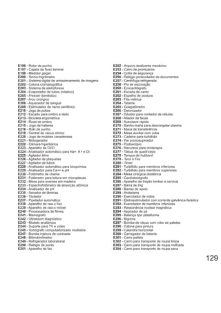 E196 - Rotor de punho
E197 - Capela de fluxo laminar
E198 - Medidor geiger
E200 - Termo-higrômetro
E201 - Sistema digital de armazenamento de imagens
E202 - Coluna cromatográfica
E203 - Sistema de eletroforese
E204 - Evaporador de tubos (rotativo)
E205 - domésticoFreezer
E207 - Arco cirúrgico
E208 - Aquecedor de sangue
E209 - Estimulador de nervo periférico
E210 - Jogo de polias
E212 - Escada para ombro e dedo
E213 - Bicicleta ergométrica
E214 - Roda de ombro
E215 - Jogo de halteres
E216 - Rolo de punho
E219 - Central de vácuo clínico
E220 - Jogo de muletas canadenses
E221 - Motogerador
E222 - Câmara hiperbárica
E223 - Aparelho de DVD
E224 - Analisador automático para Na+, K+ e Cl-
E225 - Agitador kline
E226 - Agitador de plaquetas
E227 - Agitador de tubos
E228 - Analisador automático para bioquímica
E229 - Analisador para Ca++ e pH
E230 - Fotômetro de chama
E231 - Fotômetro para leitura em microplacas
E232 - Mesa para exames em madeira
E233 - Espectrofotômetro de absorção atômica
E234 - Analisador de pH
E235 - Secador de lâminas
E236 - Titulador
E237 - Pipetador automático
E238 - Aparelho de raio-x fixo
E239 - Aparelho de raio-x móvel
E240 - Processadora de filmes
E241 - Mamógrafo
E242 - Ultrassom diagnóstico
E243 - Modelo anatômico
E244 - Suporte para TV e vídeo
E245 - Tomógrafo computadorizado multislice
E247 - Bomba injetora de contraste
E248 - Bilirrubinômetro
E249 - Refrigerador laboratorial
E250 - Relógio de ponto
E251 - Aparelho de fax
E252 - Arquivo deslizante mecânico
E253 - Carro de prontuários
E254 - Cofre de segurança
E256 - Relógio protocolador de documentos
E257 - Centrífuga refrigerada
E258 - Pia de escovação
E260 - Ecocardiógrafo
E261 - Escada de canto
E262 - Espelho de postura
E263 - Fita métrica
E264 - Tatame
E265 - Coagulômetro
E266 - Deionizador
E267 - Diluidor para contador de células
E268 - Afiador de facas
E269 - Autoclave rápida
E270 - Banho-maria para descongelar plasma
E271 - Maca de transferência
E272 - Mesa auxiliar com cuba
E273 - Cadeira para turbilhão
E274 - Par pronosupinador
E275 - Podoscópio
E276 - Recursos para crioterapia
E277 - Tábua de quadríceps
E278 - Tanque de hubbard
E279 - Tens e Fes
E280 - Timer
E281 - Turbilhão para membros inferiores
E282 - Turbilhão para membros superiores
E284 - Mesa cirúrgica obstétrica
E285 - Cardiotocógrafo
E286 - Aparelho de tração lombar e cervical
E287 - Barra de ling
E288 - Barras de apoio
E289 - Andadeira
E290 - Exercitador de mãos
E291 - Eletroestimulador com corrente galvânica-farádica
E292 - Exercitador de membros inferiores
E293 - Ressonância nuclear magnética
E294 - Aspirador de pó
E295 - Balança tipo plataforma
E296 - Bigorna
E297 - Bomba de vácuo com rotor de paletas
E298 - Cabine para pintura
E299 - Calandra horizontal
E300 - Carregador de bateria
E301 - Carro pallets
E302 - Carro para transporte de roupa limpa
E303 - Carro para transporte de roupa molhada
E304 - Carro para transporte de roupa seca
129
 