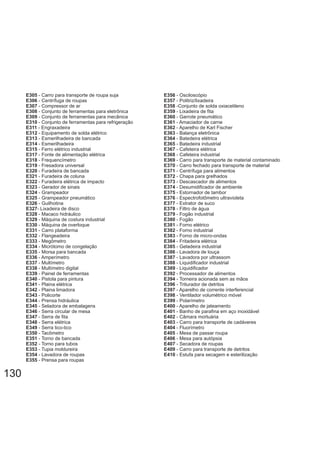 E305 - Carro para transporte de roupa suja
E306 - Centrífuga de roupas
E307 - Compressor de ar
E308 - Conjunto de ferramentas para eletrônica
E309 - Conjunto de ferramentas para mecânica
E310 - Conjunto de ferramentas para refrigeração
E311 - Engraxadeira
E312 - Equipamento de solda elétrico
E313 - Esmerilhadeira de bancada
E314 - Esmerilhadeira
E315 - Ferro elétrico industrial
E317 - Fonte de alimentação elétrica
E318 - Frequencímetro
E319 - Fresadora universal
E320 - Furadeira de bancada
E321 - Furadeira de coluna
E322 - Furadeira elétrica de impacto
E323 - Gerador de sinais
E324 - Grampeador
E325 - Grampeador pneumático
E326 - Guilhotina
E327- Lixadeira de disco
E328 - Macaco hidráulico
E329 - Máquina de costura industrial
E330 - Máquina de overloque
E331 - Carro plataforma
E332 - Flangeadeira
E333 - Megômetro
E334 - Micrótomo de congelação
E335 - Morsa para bancada
E336 - Amperímetro
E337 - Multímetro
E338 - Multímetro digital
E339 - Painel de ferramentas
E340 - Pistola para pintura
E341 - Plaina elétrica
E342 - Plaina limadora
E343 - Policorte
E344 - Prensa hidráulica
E345 - Seladora de embalagens
E346 - Serra circular de mesa
E347 - Serra de fita
E348 - Serra elétrica
E349 - Serra tico-tico
E350 - Tacômetro
E351 - Torno de bancada
E352 - Torno para tubos
E353 - Tupia moldureira
E354 - Lavadora de roupas
E355 - Prensa para roupas
E356 - Osciloscópio
E357 - Politriz/lixadeira
E358 -Conjunto de solda oxiacetileno
E359 - Lixadeira de fita
E360 - Garrote pneumático
E361 - Amaciador de carne
E362 - Aparelho de Karl Fischer
E363 - Balança eletrônica
E364 - Batedeira elétrica
E365 - Batedeira industrial
E367 - Cafeteira elétrica
E368 - Cafeteira industrial
E369 - Carro para transporte de material contaminado
E370 - Carro fechado para transporte de material
E371 - Centrífuga para alimentos
E372 - Chapa para grelhados
E373 - Descascador de alimentos
E374 - Desumidificador de ambiente
E375 - Estornador de tambor
E376 - Espectrofotômetro ultravioleta
E377 - Extrator de suco
E378 - Filtro de água
E379 - Fogão industrial
E380 - Fogão
E381 - Forno elétrico
E382 - Forno industrial
E383 - Forno de micro-ondas
E384 - Fritadeira elétrica
E385 - Geladeira industrial
E386 - Lavadora de louça
E387 - Lavadora por ultrassom
E388 - Liquidificador industrial
E389 - Liquidificador
E392 - Processador de alimentos
E394 - Torneira acionada sem as mãos
E396 - Triturador de detritos
E397 - Aparelho de corrente interferencial
E398 - Ventilador volumétrico móvel
E399 - Polarímetro
E400 - Aparelho de jateamento
E401 - Banho de parafina em aço inoxidável
E402 - Câmara mortuária
E403 - Carro para transporte de cadáveres
E404 - Fluorímetro
E405 - Mesa de passar roupa
E406 - Mesa para autópsia
E407 - Secadora de roupas
E409 - Carro para transporte de detritos
E410 - Estufa para secagem e esterilização
130
 
