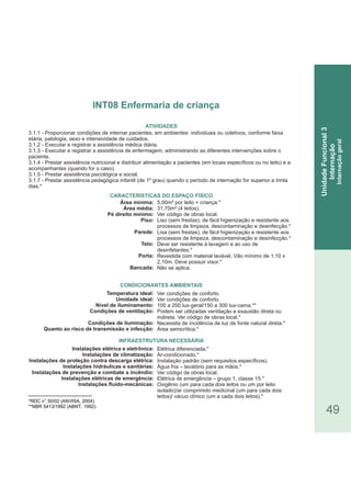 49
INT08 Enfermaria de criança
UnidadeFuncional3
Internação
Internaçãogeral
*RDC n° 50/02 (ANVISA, 2004).
**NBR 5413/1992 (ABNT, 1992).
3.1.1 - Proporcionar condições de internar pacientes, em ambientes individuais ou coletivos, conforme faixa
etária, patologia, sexo e intensividade de cuidados.
3.1.2 - Executar e registrar a assistência médica diária.
3.1.3 - Executar e registrar a assistência de enfermagem, administrando as diferentes intervenções sobre o
paciente.
3.1.4 - Prestar assistência nutricional e distribuir alimentação a pacientes (em locais específicos ou no leito) e a
acompanhantes (quando for o caso).
3.1.5 - Prestar assistência psicológica e social.
3.1.7 - Prestar assistência pedagógica infantil (de 1º grau) quando o período de internação for superior a trinta
dias.*
Área mínima:
Área média:
Pé direito mínimo:
Piso:
Parede:
Teto:
Porta:
Bancada:
Temperatura ideal:
Umidade ideal:
Nível de iluminamento:
Condições de ventilação:
Condições de iluminação:
Quanto ao risco de transmissão e infecção:
Instalações elétrica e eletrônica:
Instalações de climatização:
Instalações de proteção contra descarga elétrica:
Instalações hidráulicas e sanitárias:
Instalações de prevenção e combate a incêndio:
Instalações elétricas de emergência:
Instalações fluido-mecânicas:
CARACTERÍSTICAS DO ESPAÇO FÍSICO
5,00m² por leito = criança.*
31,70m² (4 leitos).
Ver código de obras local.
Liso (sem frestas), de fácil higienização e resistente aos
processos de limpeza, descontaminação e desinfecção.*
Lisa (sem frestas), de fácil higienização e resistente aos
processos de limpeza, descontaminação e desinfecção.*
Deve ser resistente à lavagem e ao uso de
desinfetantes.*
Revestida com material lavável. Vão mínimo de 1,10 x
2,10m. Deve possuir visor.*
Não se aplica.
Ver condições de conforto.
Ver condições de conforto.
100 a 200 lux-geral/150 a 300 lux-cama.**
Podem ser utilizadas ventilação e exaustão direta ou
indireta. Ver código de obras local.*
Necessita de incidência de luz de fonte natural direta.*
Área semicrítica.*
Elétrica diferenciada.*
Ar-condicionado.*
Instalação padrão (sem requisitos específicos).
Água fria – lavatório para as mãos.*
Ver código de obras local.
Elétrica de emergência – grupo 1, classe 15.*
Oxigênio (um para cada dois leitos ou um por leito
isolado)/ar comprimido medicinal (um para cada dois
leitos)/ vácuo clínico (um a cada dois leitos).*
ATIVIDADES
CONDICIONANTES AMBIENTAIS
INFRAESTRUTURA NECESSÁRIA
 