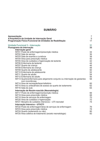 Apresentação
A Arquitetura da Unidade de Internação Geral
Programação Físico-Funcional de Unidades de Reabilitação
Unidade Funcional 3 – Internação
Fluxograma da Internação
Internação geral
SUMÁRIO
7
9
17
31
33
INT01
INT02
INT03
INT04
INT05
INT06
INT07
INT08
INT09
INT10
INT11
INT12
INT13
INT14
INT15
INT16
Posto de enfermagem/prescrição médica
Sala de serviço
Sala de exames e curativos
Área para prescrição médica
Área de cuidados e higienização de lactente
Enfermaria de lactente
Quarto de criança
Enfermaria de criança
Quarto de adolescente
Enfermaria de adolescente
Quarto de adulto
Enfermaria de adulto
Quarto/enfermaria para alojamento conjunto ou internação de gestantes
com incorrências
Área de recreação/lazer/refeitório
Área ou antecâmara de acesso ao quarto de isolamento
Sala de aula
Internação de Recém-nascido (Neonatologia)
INT17
INT18
INT19
INT20
INT21
Posto de enfermagem/prescrição médica
Área para prescrição médica
Área de serviços de enfermagem
Área de cuidados e higienização
Berçário de cuidados intensivos – UTI neonatal
34
36
38
40
42
44
46
48
50
52
54
56
58
60
62
64
66
68
70
72
74
Internação Intensiva – UTI/CTI
INT22
INT23
INT24
INT25
Posto de enfermagem/área de serviços de enfermagem
Área para prescrição médica
Quarto (isolamento ou não)
Área coletiva de tratamento (exceto neonatologia)
76
78
80
82
 