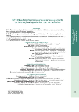 59
UnidadeFuncional3
Internação
Internaçãogeral
*RDC nº 50/02 (ANVISA, 2004).
**RDC nº 36/08 (ANVISA, 2008).
***NBR 5413/1992 (ABNT, 1992).
INT13 Quarto/enfermaria para alojamento conjunto
ou internação de gestantes com incorrências
3.1.1 - Proporcionar condições de internar pacientes, em ambientes individuais ou coletivos, conforme faixa
etária, patologia, sexo e intensividade de cuidados.
3.1.2 - Executar e registrar a assistência médica diária.
3.1.3 - Executar e registrar a assistência de enfermagem, administrando as diferentes intervenções sobre o
paciente.
3.1.4 - Prestar assistência nutricional e distribuir alimentação a pacientes (em locais específicos ou no leito) e a
acompanhantes (quando for o caso).
3.1.5 - Prestar assistência psicológica e social.
3.2.1 - Alojar e manter sob cuidados recém-nascidos sadios.*
Área mínima:
Área média:
Pé direito mínimo:
Piso:
Parede:
Teto:
Porta:
Bancada:
Temperatura ideal:
Umidade ideal:
Nível de iluminamento:
Condições de ventilação:
Condições de iluminação:
Quanto ao risco de transmissão e infecção:
Instalações elétrica e eletrônica:
Instalações de climatização:
Instalações de proteção contra descarga elétrica:
Instalações hidráulicas e sanitárias:
Instalações de prevenção e combate a incêndio:
Instalações elétricas de emergência:
Instalações fluido-mecânicas:
CARACTERÍSTICAS DO ESPAÇO FÍSICO
6,00m² por leito = enfermaria de 3 a 6 leitos.**
33,66m² (quatro leitos)
Ver código de obras local.
Liso (sem frestas), de fácil higienização e resistente aos
processos de limpeza, descontaminação e desinfecção.*
Lisa (sem frestas), de fácil higienização e resistente aos
processos de limpeza, descontaminação e desinfecção.*
Deve ser resistente à lavagem e ao uso de
desinfetantes.*
Revestida com material lavável. Vão mínimo de 1,10 x
2,10m.*Com pia de lavagem.**
Os materiais utilizados devem propiciar condições de
higiene (sendo resistentes à água), ser anticorrosivos e
antiaderentes.*
Ver condições de conforto.
Ver condições de conforto.
100 a 200 lux-geral / 150 a 300 lux-cama.***
Necessita de climatização artificial e exaustão mecânica.*
Necessita de incidência de luz de fonte natural direta.*
Área semicrítica.*
Elétrica diferenciada.*
Ar-condicionado.*
Instalação padrão (sem requisitos específicos).
Água fria, água quente – pia/lavatório para as mãos.**
Ver código de obras local.
Elétrica de emergência – grupo 1, classe 15.*
Vácuo clínico (um a cada dois leitos).* Oxigênio.**
ATIVIDADES
CONDICIONANTES AMBIENTAIS
INFRAESTRUTURA NECESSÁRIA
 