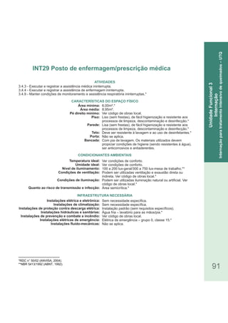 91
*RDC n° 50/02 (ANVISA, 2004).
**NBR 5413/1992 (ABNT, 1992).
3.4.3 - Executar e registrar a assistência médica ininterrupta.
3.4.4 - Executar e registrar a assistência de enfermagem ininterrupta.
3.4.9 - Manter condições de monitoramento e assistência respiratória ininterruptas.*
Área mínima:
Área média:
Pé direito mínimo:
Piso:
Parede:
Teto:
Porta:
Bancada:
Temperatura ideal:
Umidade ideal:
Nível de iluminamento:
Condições de ventilação:
Condições de iluminação:
Quanto ao risco de transmissão e infecção:
Instalações elétrica e eletrônica:
Instalações de climatização:
Instalações de proteção contra descarga elétrica:
Instalações hidráulicas e sanitárias:
Instalações de prevenção e combate a incêndio:
Instalações elétricas de emergência:
Instalações fluido-mecânicas:
CARACTERÍSTICAS DO ESPAÇO FÍSICO
6,00m².*
8,95m².
Ver código de obras local.
Liso (sem frestas), de fácil higienização e resistente aos
processos de limpeza, descontaminação e desinfecção.*
Lisa (sem frestas), de fácil higienização e resistente aos
processos de limpeza, descontaminação e desinfecção.*
Deve ser resistente à lavagem e ao uso de desinfetantes.*
Não se aplica.
Com pia de lavagem. Os materiais utilizados devem
propiciar condições de higiene (sendo resistentes à água),
ser anticorrosivos e antiaderentes.
Ver condições de conforto.
Ver condições de conforto.
100 a 200 lux-geral/300 a 750 lux-mesa de trabalho.**
Podem ser utilizadas ventilação e exaustão direta ou
indireta. Ver código de obras local.*
Podem ser utilizadas iluminação natural ou artificial. Ver
código de obras local.*
Área semicrítica.*
Sem necessidade específica.
Sem necessidade específica.
Instalação padrão (sem requisitos específicos).
Água fria – lavatório para as mãos/pia.*
Ver código de obras local.
Elétrica de emergência – grupo 0, classe 15.*
Não se aplica.
ATIVIDADES
CONDICIONANTES AMBIENTAIS
INFRAESTRUTURA NECESSÁRIA
INT29 Posto de enfermagem/prescrição médica
UnidadeFuncional3
Internação
Internaçãoparatratamentointensivodequeimados–UTQ
 