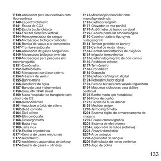 E139
E140
E141
E142
E143
E144
E145
E146
E147
E148
E149
E150
E151
E152
E153
-Analisador para imunoensaio com
fluorescência
-Espectrofotômetro
-Estufa de CO2
-Estufa bacteriológica
- científico vertical
-Homogeneizador de sangue
-Microscópio biológico binocular
-Bomba de vácuo e ar comprimido
-Trombo-elastógrafo
-Analisador de gases sanguíneos
-Microscópio biológico invertido
-Microscópio para pesquisa em
fotomicrografia
-Osmômetro
-Refratômetro
-Marcapasso cardíaco externo
Freezer
E154
E155
E156
E157
E158
E159
E160-
E161-
E162
E164
E165
E166
E168
E169
E170
E171-
E172
E173
E174
-Máscara de venturi
-Banho-maria
-Destilador de água
-Bandeja para instrumentais
-Conjunto CPAP nasal
-Maca hospitalar de transporte com
cilindro de O2
Hemodinâmica
Autoclave a óxido de etileno
-Bebê conforto
-Divã clínico
-Eletromiógrafo
-Cicloergômetro
-Bacia inox
-Jarra inox
-Esteira ergométrica
Central de gases medicinais
-Audiômetro
-Audiômetro automático de
-Central de gases – cilindros
bekesy
E175
E176
E177
E178
E179
E180
E181
E182-
E183-
E184
E185
E186
E187
E188
E189
E190
-Microscópio trinocular com
imunofluorescência
-Eletrococleógrafo
-Gravador de voz portátil
-Audiômetro de tronco cerebral
-Cadeira pendular otoneurológica
-Cadeira rotatória tipo
nistagmógrafo
-Tambor giratório de
Central de óxido nitroso
Central concentradora de oxigênio
-Irrigador termoelétrico
-Eletronistagmógrafo de dois canais
-Resfriador elétrico
-Termômetro
-Cronômetro
-Diapasão
-Eletroencefalógrafo digital
-
gyrus
barany
F
E191
E192
E194
E195
E196
E197
E198
E200
E201
E202
E203
E204
E205
E207
E208
E209
E210
-Fotoestimulador digital
-Bico de com válvula reguladora
-Máquinas cicladoras para diálise
peritonial
-Banho-maria tipo metabólico
-Rotor de punho
-Capela de fluxo laminar
-Medidor
-Termo-higrômetro
-Sistema digital de armazenamento de
imagens
-Coluna cromatográfica
-Sistema de eletroforese
-Evaporador de tubos (rotativo)
doméstico
-Arco cirúrgico
-Aquecedor de sangue
-Estimulador de nervo periférico
-Jogo de polias
bunsen
geiger
reezer
133
 