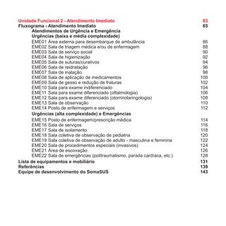 Unidade Funcional 2 - Atendimento Imediato
Fluxograma - Atendimento Imediato
Atendimentos de Urgência e Emergência
Urgências (baixa e média complexidade)
83
85
EME01
EME02
EME03
EME04
EME05
EME06
EME07
EME08
EME09
EME10
EME11
EME12
EME13
EME14
Área externa para desembarque de ambulância
Sala de triagem médica e/ou de enfermagem
Sala de serviço social
Sala de higienização
Sala de suturas/curativos
Sala de reidratação
Sala de inalação
Sala de aplicação de medicamentos
Sala de gesso e redução de fraturas
Sala para exame indiferenciado
Sala para exame diferenciado (oftalmologia)
Sala para exame diferenciado (otorrinolaringologia)
Sala de observação
Posto de enfermagem e serviços
Urgências (alta complexidade) e Emergências
86
88
90
92
94
96
98
100
102
104
106
108
110
112
EME15
EME16
EME17
EME18
EME19
EME20
EME21
EME22
Posto de enfermagem/prescrição médica
Sala de serviços
Sala de isolamento
Sala coletiva de observação de pediatria
Sala coletiva de observação de adulto - masculina e feminina
Sala de procedimentos especiais (invasivos)
Área de escovação
Sala de emergências (politraumatismo, parada cardíaca, etc.)
114
116
118
120
122
124
126
128
Lista de equipamentos e mobiliário
Referências
Equipe de desenvolvimento do SomaSUS
131
139
143
 