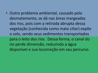 • Outro problema ambiental, causado pelo
desmatamento, se dá nas áreas margeadas
dos rios, pois com a retirada abrupta dessa
vegetação (conhecida como mata ciliar) expõe
o solo, sendo seus sedimentos transportados
para o leito dos rios. Dessa forma, o canal do
rio perde dimensão, reduzindo a água
disponível e sua locomoção em seu percurso.
 