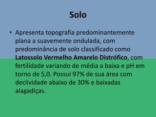Solo
• Apresenta topografia predominantemente
plana a suavemente ondulada, com
predominância de solo classificado como
Latossolo Vermelho Amarelo Distrófico, com
fertilidade variando de média a baixa e pH em
torno de 5,0. Possui 97% de sua área com
declividade abaixo de 30% e baixadas
alagadiças.
 