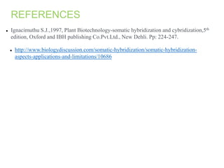  Ignacimuthu S.J.,1997, Plant Biotechnology-somatic hybridization and cybridization,5th
edition, Oxford and IBH publishing Co.Pvt.Ltd., New Dehli. Pp: 224-247.
REFERENCES
 http://www.biologydiscussion.com/somatic-hybridization/somatic-hybridization-
aspects-applications-and-limitations/10686
 