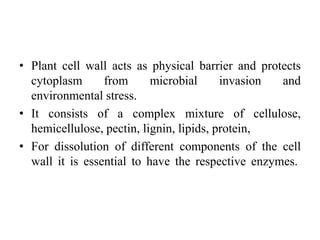 • Plant cell wall acts as physical barrier and protects
cytoplasm from microbial invasion and
environmental stress.
• It consists of a complex mixture of cellulose,
hemicellulose, pectin, lignin, lipids, protein,
• For dissolution of different components of the cell
wall it is essential to have the respective enzymes.
 