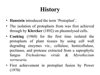 History
• Hanstein introduced the term ‘Protoplast’.
• The isolation of protoplasts from was first achieved
through by Klercker (1892) on plasmolysed cells.
• Cooking (1960) for the first time isolated the
protoplasts of plant tissues by using cell wall
degrading enzymes viz., cellulase, hemicellulase,
pectinase, and protease extracted from a saprophytic
fungus Trichoderma viride & Myrothecium
verrucaria.
• First achievement in protoplast fusion by Power
(1970)
 