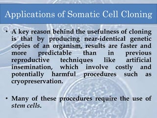 Applications of Somatic Cell Cloning
• A key reason behind the usefulness of cloning
is that by producing near-identical genetic
copies of an organism, results are faster and
more predictable than in previous
reproductive techniques like artificial
insemination, which involve costly and
potentially harmful procedures such as
cryopreservation.
• Many of these procedures require the use of
stem cells.
 