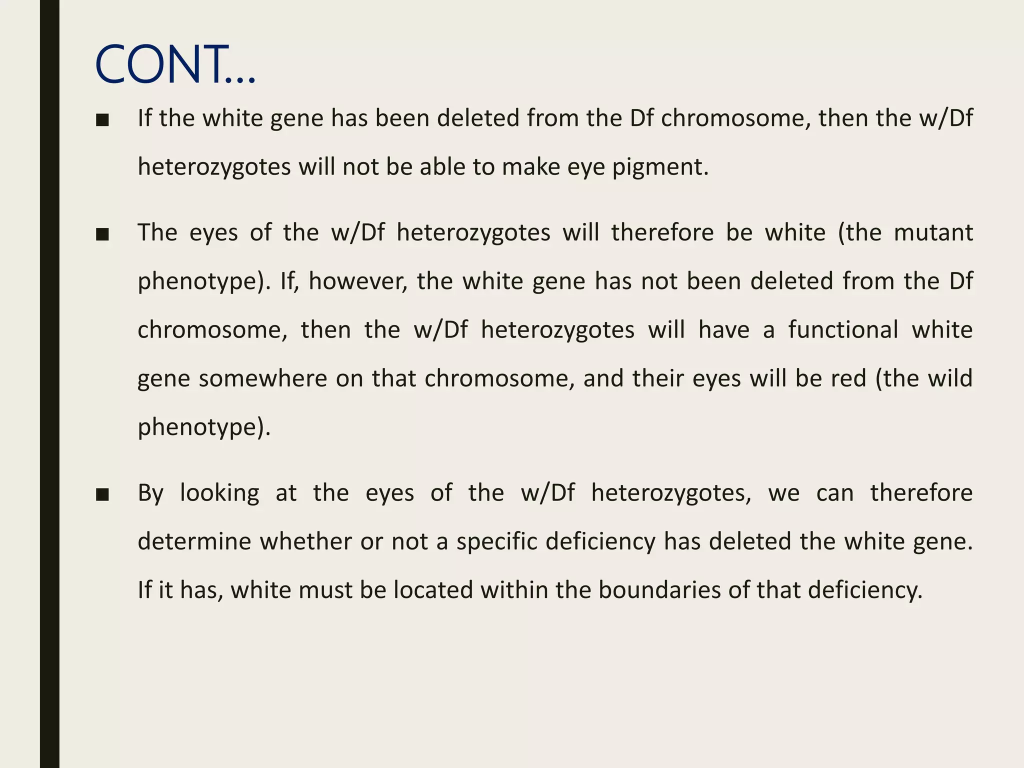 CONT…
■ If the white gene has been deleted from the Df chromosome, then the w/Df
heterozygotes will not be able to make eye pigment.
■ The eyes of the w/Df heterozygotes will therefore be white (the mutant
phenotype). If, however, the white gene has not been deleted from the Df
chromosome, then the w/Df heterozygotes will have a functional white
gene somewhere on that chromosome, and their eyes will be red (the wild
phenotype).
■ By looking at the eyes of the w/Df heterozygotes, we can therefore
determine whether or not a specific deficiency has deleted the white gene.
If it has, white must be located within the boundaries of that deficiency.
 