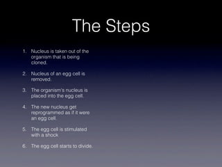 The Steps
1. Nucleus is taken out of the
   organism that is being
   cloned.

2. Nucleus of an egg cell is
   removed.

3. The organism's nucleus is
   placed into the egg cell.

4. The new nucleus get
   reprogrammed as if it were
   an egg cell.

5. The egg cell is stimulated
   with a shock

6. The egg cell starts to divide.
 