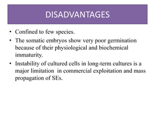 DISADVANTAGES
• Confined to few species.
• The somatic embryos show very poor germination
because of their physiological and biochemical
immaturity.
• Instability of cultured cells in long-term cultures is a
major limitation in commercial exploitation and mass
propagation of SEs.
 