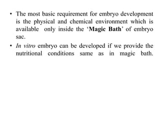 • The most basic requirement for embryo development
is the physical and chemical environment which is
available only inside the ‘Magic Bath’ of embryo
sac.
• In vitro embryo can be developed if we provide the
nutritional conditions same as in magic bath.
 