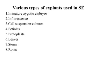 Various types of explants used in SE
1.Immature zygotic embryos
2.Inflorescence
3.Cell suspension cultures
4.Petioles
5.Protoplasts
6.Leaves
7.Stems
8.Roots
 