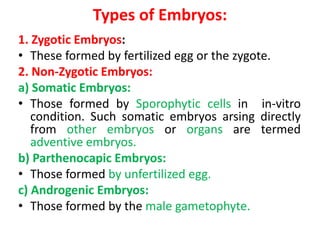 Types of Embryos:
1. Zygotic Embryos:
• These formed by fertilized egg or the zygote.
2. Non-Zygotic Embryos:
a) Somatic Embryos:
• Those formed by Sporophytic cells in in-vitro
condition. Such somatic embryos arsing directly
from other embryos or organs are termed
adventive embryos.
b) Parthenocapic Embryos:
• Those formed by unfertilized egg.
c) Androgenic Embryos:
• Those formed by the male gametophyte.
 
