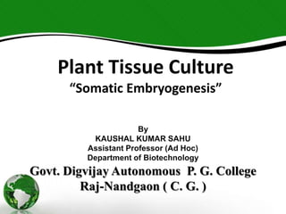 Plant Tissue Culture
“Somatic Embryogenesis”
By
KAUSHAL KUMAR SAHU
Assistant Professor (Ad Hoc)
Department of Biotechnology
Govt. Digvijay Autonomous P. G. College
Raj-Nandgaon ( C. G. )
 