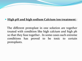  High pH and high sodium Calcium ion treatment :
The different protoplast in one solution are together
treated with condition like high calcium and high ph
so that they fuse together . In some cases such extreme
conditions has proved to be toxic to certain
protoplasts.
 