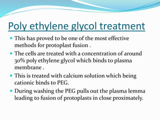 Poly ethylene glycol treatment
 This has proved to be one of the most effective
methods for protoplast fusion .
 The cells are treated with a concentration of around
30% poly ethylene glycol which binds to plasma
membrane .
 This is treated with calcium solution which being
cationic binds to PEG.
 During washing the PEG pulls out the plasma lemma
leading to fusion of protoplasts in close proximately.
 
