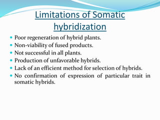 Limitations of Somatic
hybridization
 Poor regeneration of hybrid plants.
 Non-viability of fused products.
 Not successful in all plants.
 Production of unfavorable hybrids.
 Lack of an efficient method for selection of hybrids.
 No confirmation of expression of particular trait in
somatic hybrids.
 