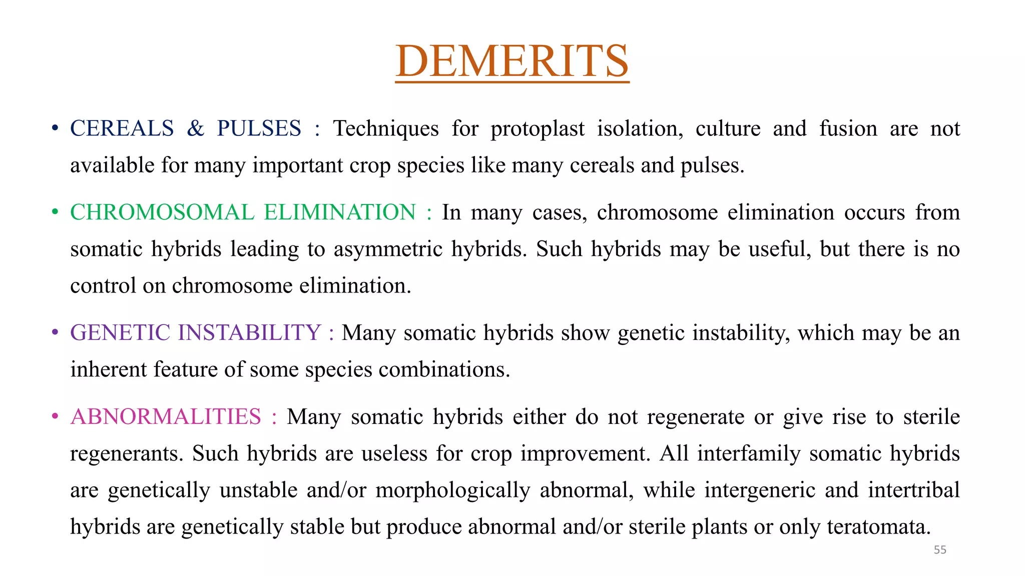 DEMERITS
• CEREALS & PULSES : Techniques for protoplast isolation, culture and fusion are not
available for many important crop species like many cereals and pulses.
• CHROMOSOMAL ELIMINATION : In many cases, chromosome elimination occurs from
somatic hybrids leading to asymmetric hybrids. Such hybrids may be useful, but there is no
control on chromosome elimination.
• GENETIC INSTABILITY : Many somatic hybrids show genetic instability, which may be an
inherent feature of some species combinations.
• ABNORMALITIES : Many somatic hybrids either do not regenerate or give rise to sterile
regenerants. Such hybrids are useless for crop improvement. All interfamily somatic hybrids
are genetically unstable and/or morphologically abnormal, while intergeneric and intertribal
hybrids are genetically stable but produce abnormal and/or sterile plants or only teratomata.
55
 