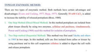 TYPES OF ENZYMATIC METHOD:
There are two types of enzymatic method. Both methods have certain advantages and
disadvantages (Evans and Cocking, 1977; Bajaj, 1977). Generally 50 mM CaCl2 is added
to increase the stability of released protoplasts (Rose, 1980).
1. One Step Method (Direct/Mixed Method): In this method protoplasts are isolated from
plant tissues directly by using two enzymes, cellulase and pectinase, simultaneously.
Power and Cocking (1968) used this method for isolation of protoplasts.
2. Two Step method (Sequential Method): This method was first used Takebe and others
in 1968 in two steps. In this method, cells are first isolated from callus or tissues by
using pectinase and to this cell suspension cellulase is added to digest the cell walls
and release protoplasts
12
 
