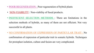 • POOR REGENERATION : Poor regeneration of hybrid plants
• NON-VIABILITY : Non-viability of fused products.
• INEFFICIENT SELECTION METHODS : There are limitations in the
selection methods of hybrids, as many of them are not efficient. Not very
successful in all plants.
• NO CONFIRMATION OF EXPRESSION OF PARTICULAR TRAIT : No
confirmation of expression of particular trait in somatic hybrids. Techniques
for protoplast isolation, culture and fusion are very complicated.
56
 