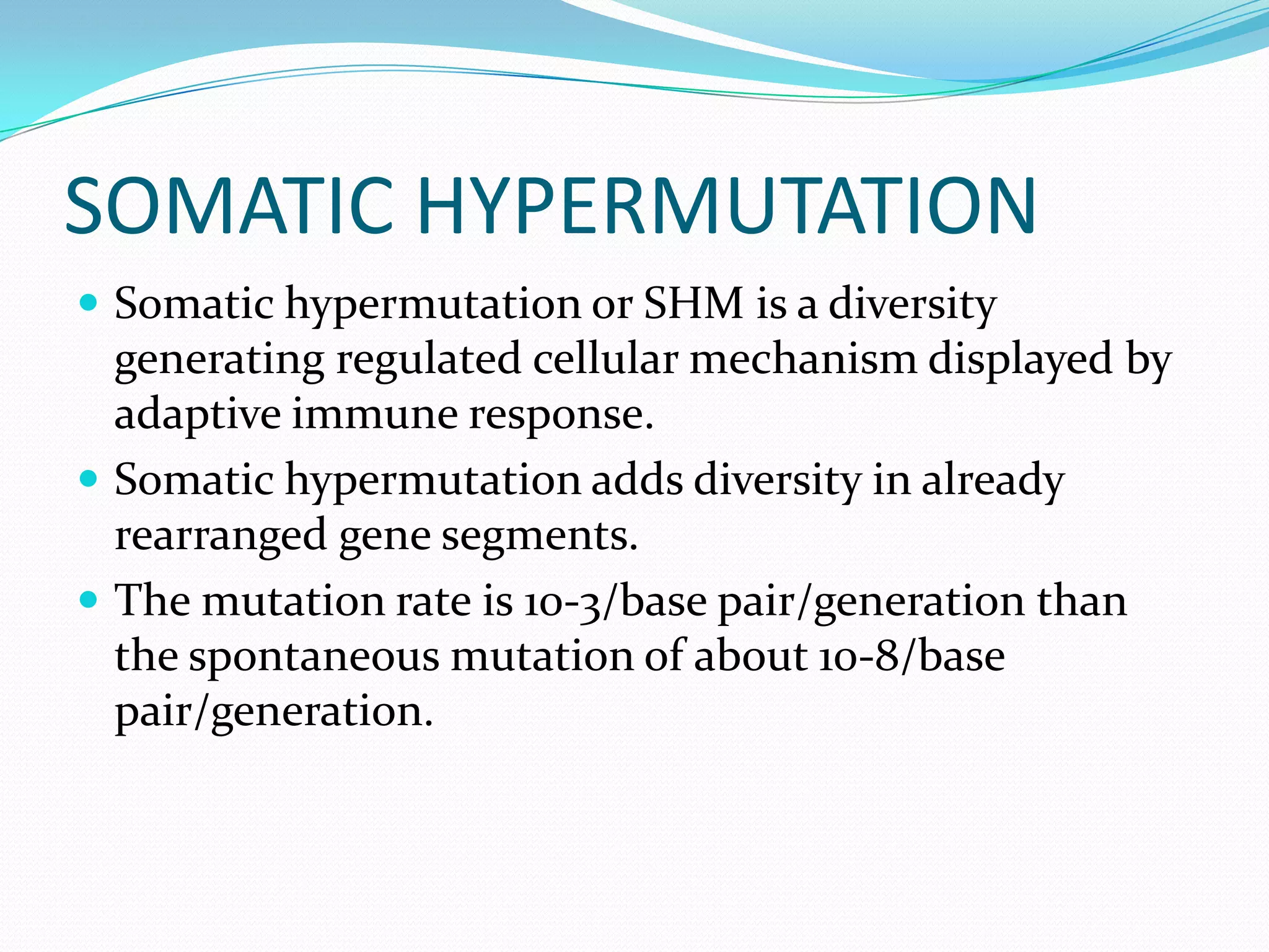SOMATIC HYPERMUTATION
 Somatic hypermutation or SHM is a diversity

generating regulated cellular mechanism displayed by
adaptive immune response.
 Somatic hypermutation adds diversity in already
rearranged gene segments.
 The mutation rate is 10-3/base pair/generation than
the spontaneous mutation of about 10-8/base
pair/generation.

 
