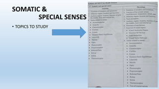 SOMATIC &
SPECIAL SENSES
• TOPICS TO STUDY
 