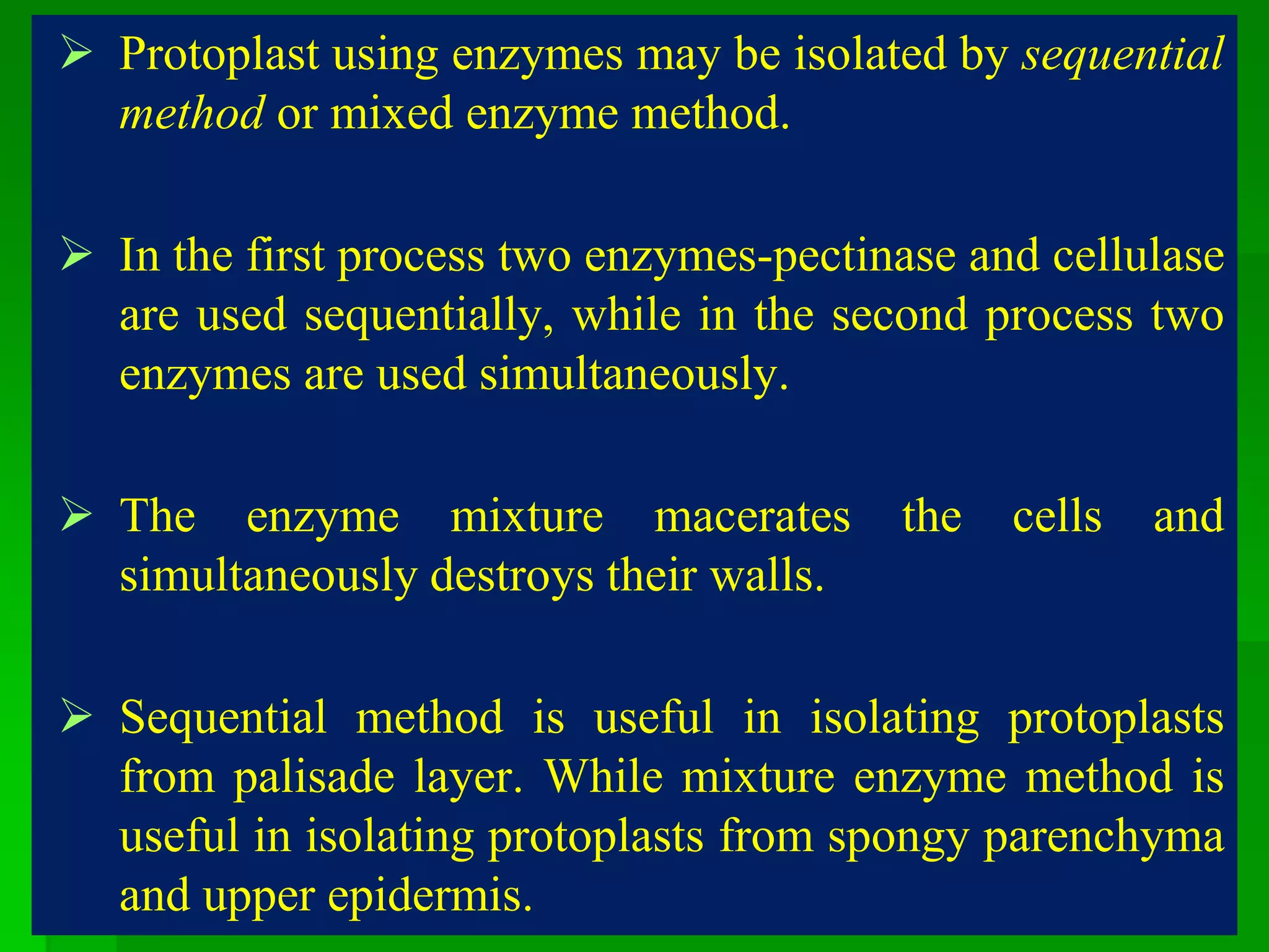  Protoplast using enzymes may be isolated by sequential
method or mixed enzyme method.
 In the first process two enzymes-pectinase and cellulase
are used sequentially, while in the second process two
enzymes are used simultaneously.
 The enzyme mixture macerates the cells and
simultaneously destroys their walls.
 Sequential method is useful in isolating protoplasts
from palisade layer. While mixture enzyme method is
useful in isolating protoplasts from spongy parenchyma
and upper epidermis.
 