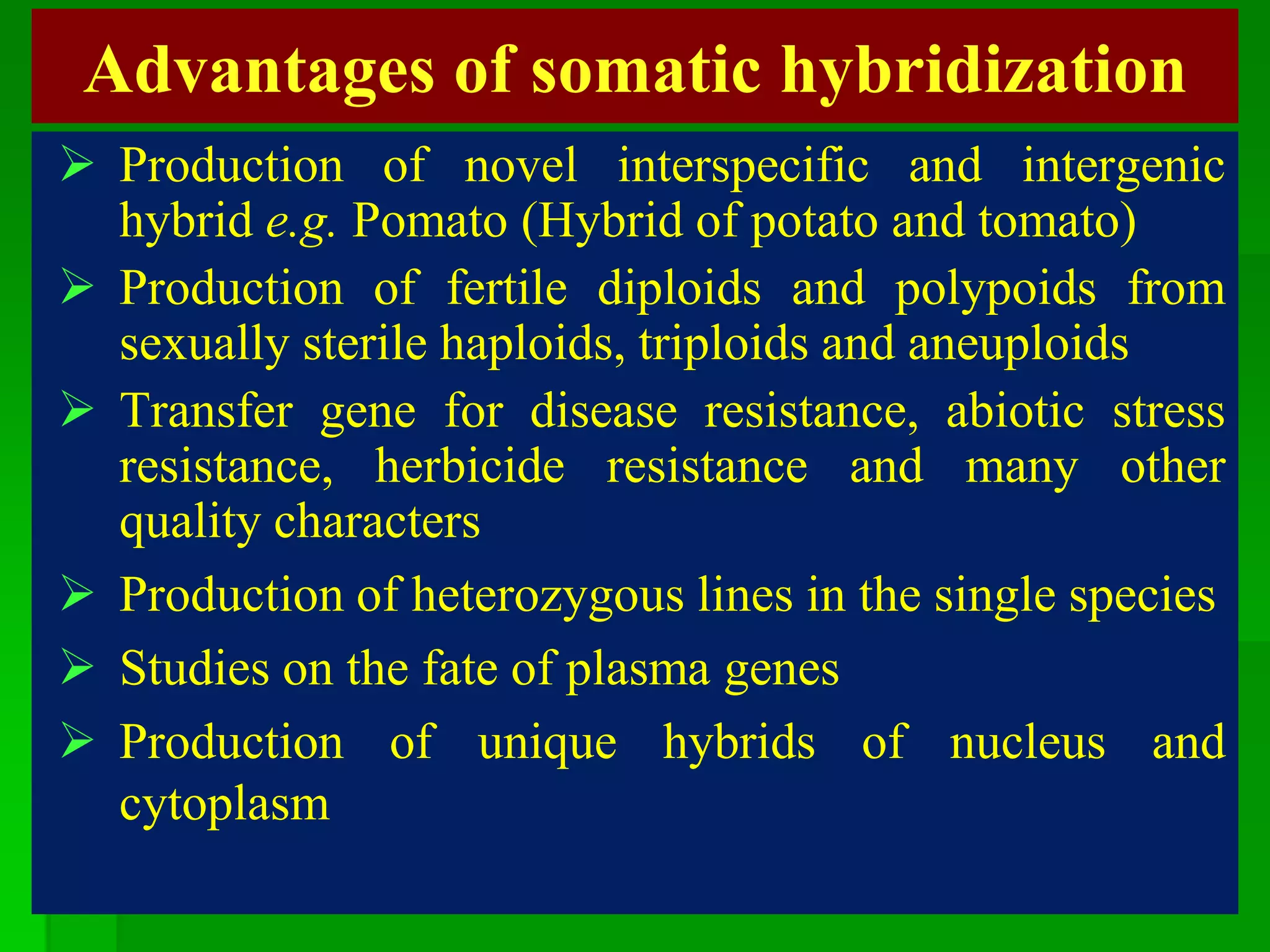 Advantages of somatic hybridization
 Production of novel interspecific and intergenic
hybrid e.g. Pomato (Hybrid of potato and tomato)
 Production of fertile diploids and polypoids from
sexually sterile haploids, triploids and aneuploids
 Transfer gene for disease resistance, abiotic stress
resistance, herbicide resistance and many other
quality characters
 Production of heterozygous lines in the single species
 Studies on the fate of plasma genes
 Production of unique hybrids of nucleus and
cytoplasm
 