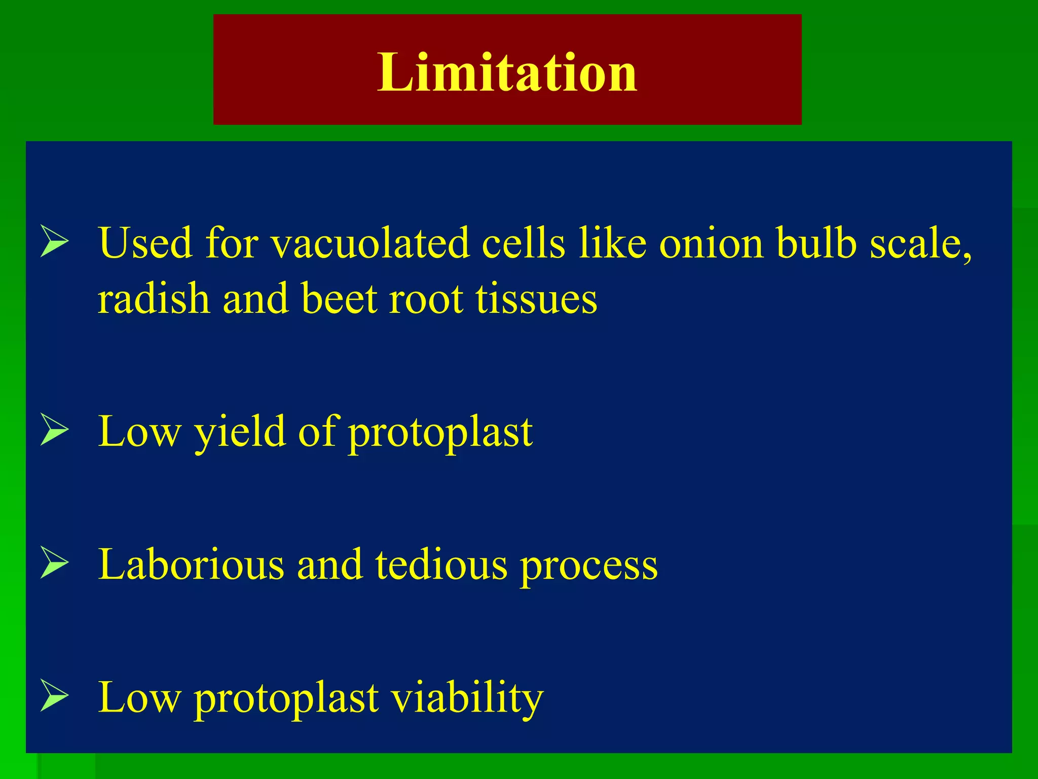 Limitation
 Used for vacuolated cells like onion bulb scale,
radish and beet root tissues
 Low yield of protoplast
 Laborious and tedious process
 Low protoplast viability
 